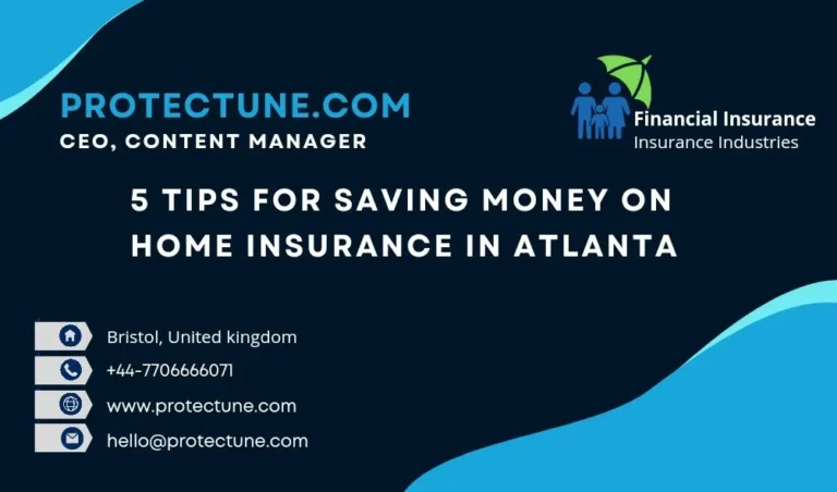 A graphic displaying the text "5 Tips for Saving Money on Home Insurance in Atlanta" with a background image of a suburban neighborhood.