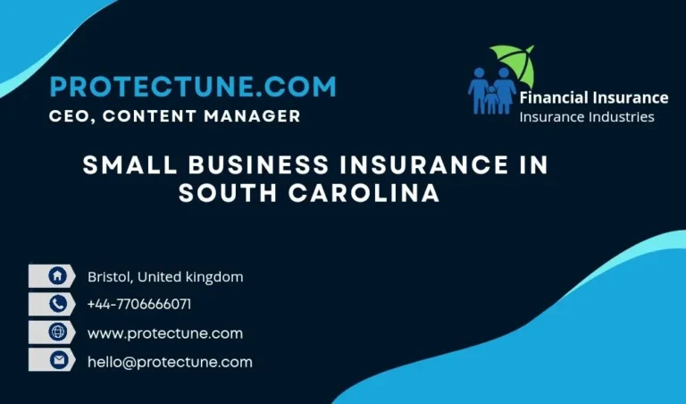 A smiling small business owner sits at a desk with paperwork, while a friendly insurance agent explains policies in South Carolina