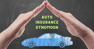 A sleek car driving through a scenic route with Dynomoon Auto Insurance logo displayed on the screen.
