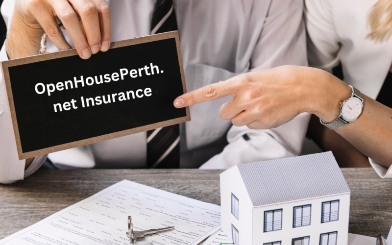 A close-up of a business card with the OpenHousePerth insurance logo and contact phone number prominently displayed.