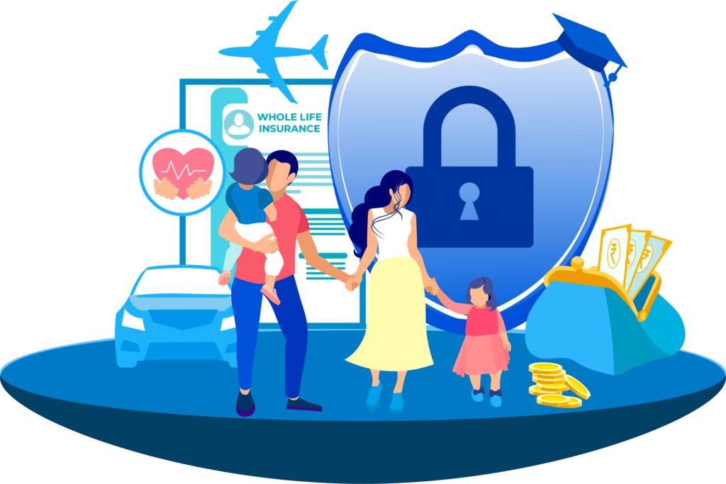 Illustration depicting diverse family members protected under comprehensive insurance plans for peace of mind and security.