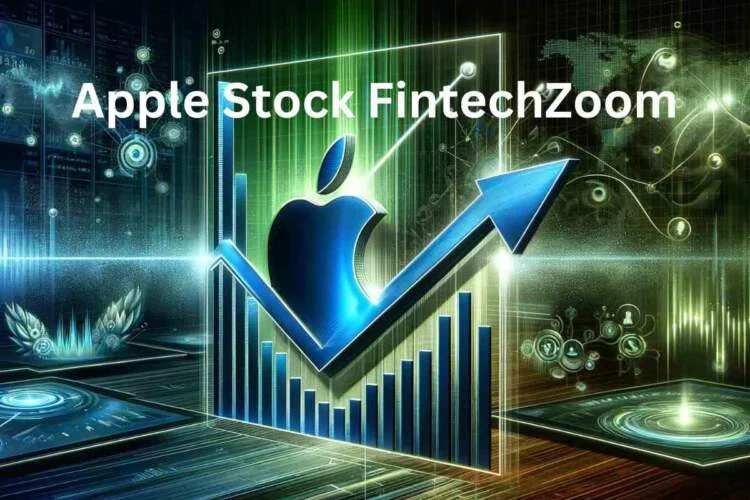 Graphic depicting a rising stock graph overlaid with the FintechZoom logo and Apple's iconic symbol.